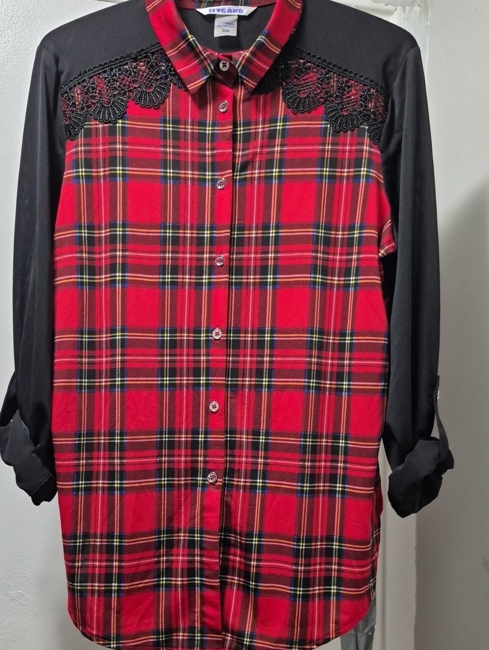 Peter Nygard Red Plaid Button-Down Shirt with Black Lace Yoke